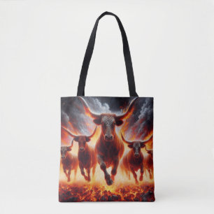 Bulls Charging Through a Fiery Landscape Tote Bag