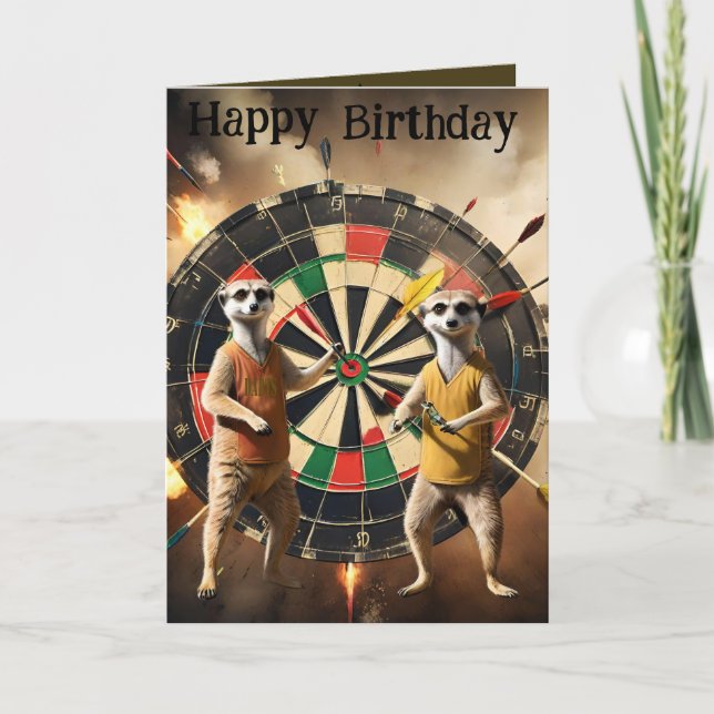 Bullseye Burrow: Meerkat Dart Players, Birthday  Card (Front)