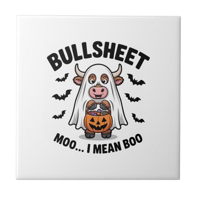 BULLSHEET Halloween Cute Cow in Ghost Ceramic Tile (Front)