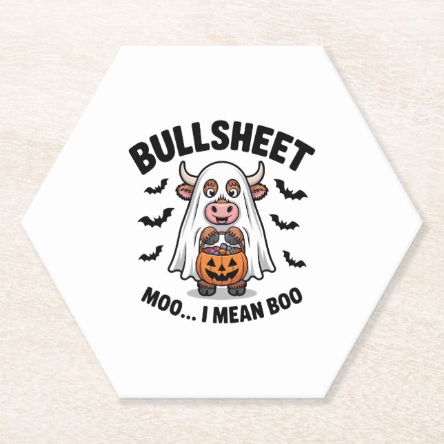 BULLSHEET Halloween Cute Cow in Ghost Paper Coaster (Front)