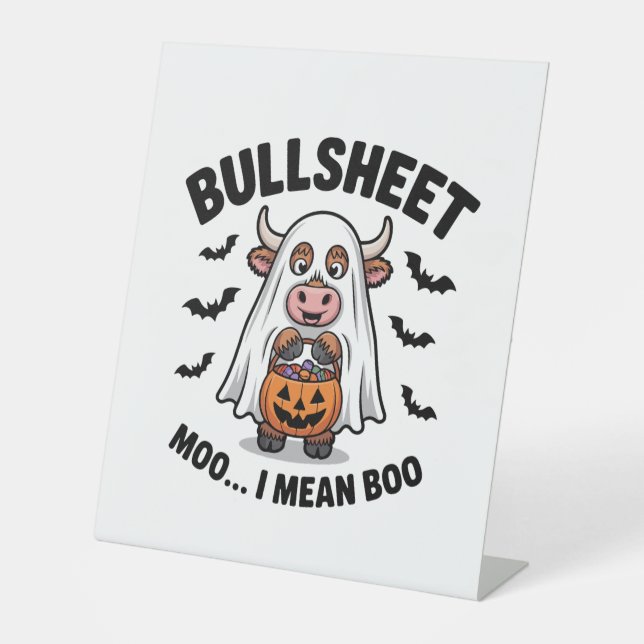 BULLSHEET Halloween Cute Cow in Ghost Pedestal Sign (Front)