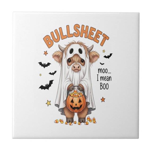 Bullsheet Highland Cow Funny Ghost Ceramic Tile (Front)