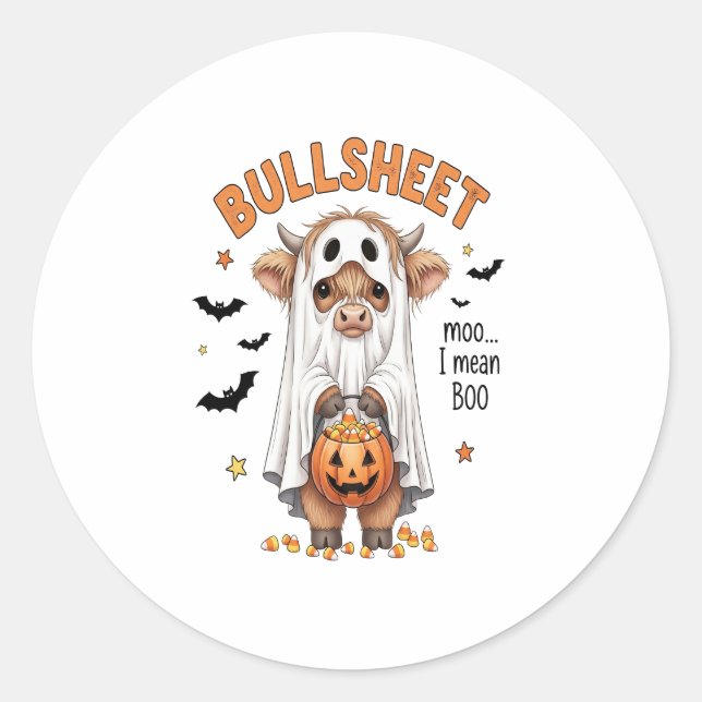 Bullsheet Highland Cow Funny Ghost Classic Round Sticker (Front)
