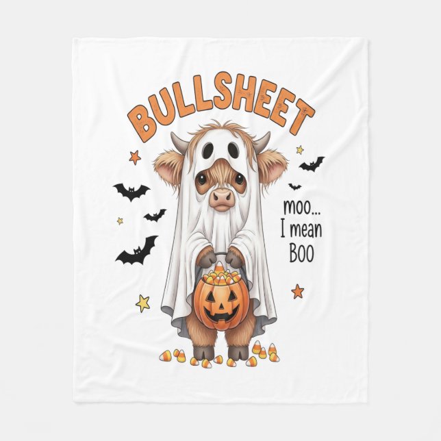 Bullsheet Highland Cow Funny Ghost Fleece Blanket (Front)