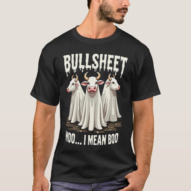 Bullsheet Moo I Mean Boo Funny Halloween Ghost Cow T-Shirt (Front)