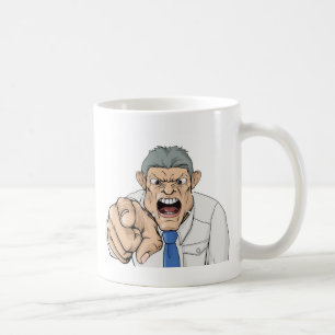 Bullying boss shouting and pointing coffee mug