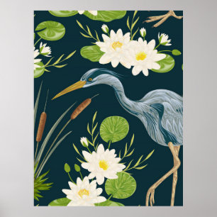 Bulrush Lily Flowers Bird Heron Floral Landscape Poster
