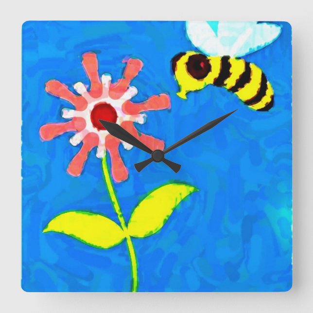 Bumble Bee and Flower Square Wall Clock (Front)