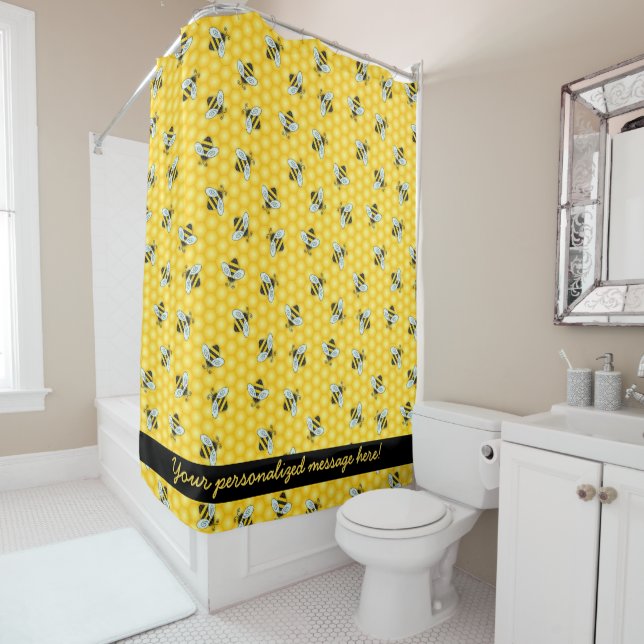 Bumble Bee and Honeycomb Pattern Shower Curtain (In Situ)
