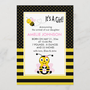 Bumble Bee Baby Girl Birth Annoucement Card