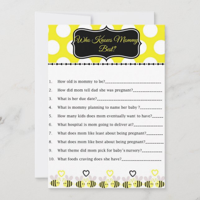 Bumble Bee Baby Shower Game Who Knows Mummy Best (Front)