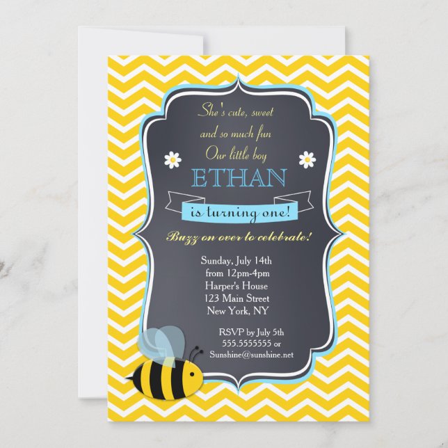 Bumble Bee Birthday Party Invitations for boy (Front)