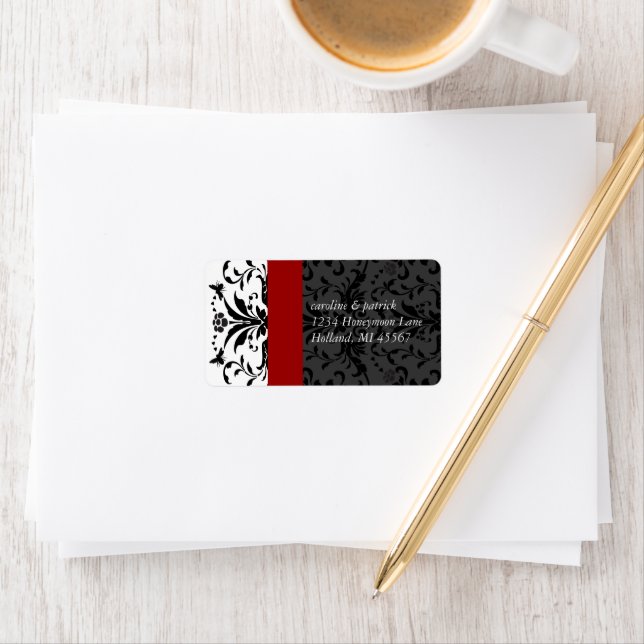 Bumble Bee Black Damask  Address Labels Red Trim (Insitu)