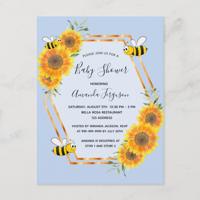 Bumble bee blue sunflowers baby shower boy postcard (Front)