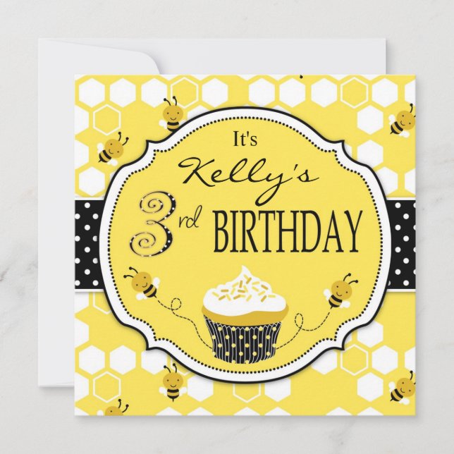 Bumble Bee Cupcake Third Birthday Invitation (Front)