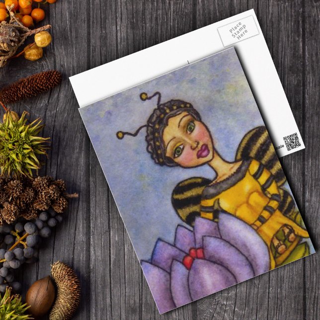 Bumble Bee Fairy on Flower Postcard (Pretty Bumble Bee Fairy sitting on purple flower on blue yellow postcard.)