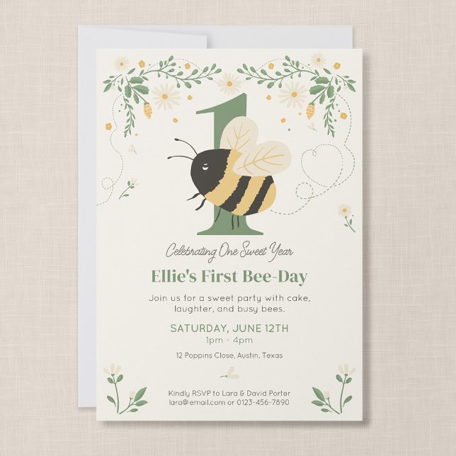 Bumble Bee First Bee-Day Birthday Party Invitation (Wildflower Flight - First Bee Day Invitation, Front)