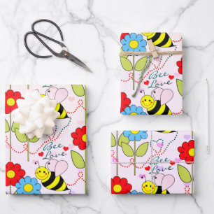 Bumble Bee Flowers Pink Wrapping Paper Sheets