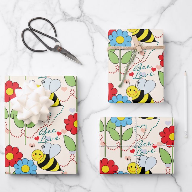 Bumble Bee Flowers Wrapping Paper Sheet (Front)