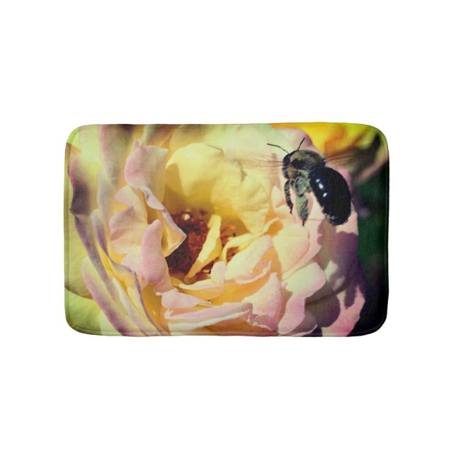 Bumble Bee Flying Into Pink Rose Close Up Bath Mat (Front)