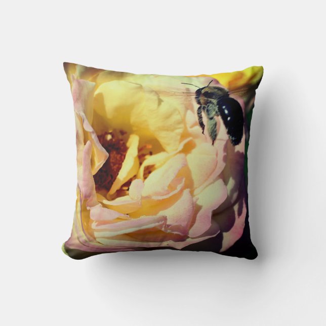 Bumble Bee Flying Into Pink Rose Close Up  Cushion (Front)