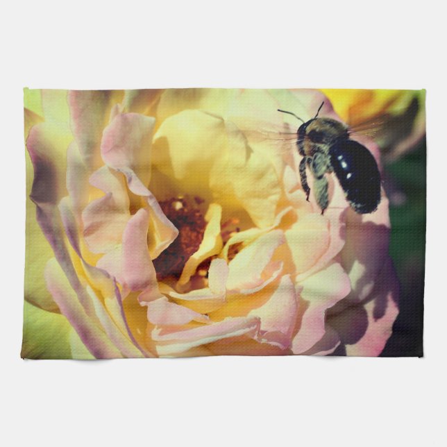 Bumble Bee Flying Into Pink Rose Close Up  Tea Towel (Horizontal)