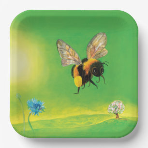 Bumble Bee Flying Over a Flowering Meadow Paper Plate