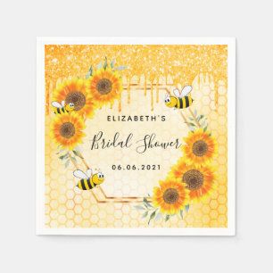 Bumble bee gold glitter sunflowers bridal shower napkin