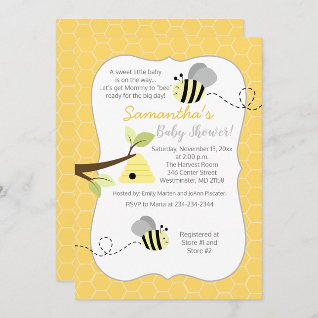 Bumble Bee Grey Yellow Gender Neutral Invitation (Front/Back)