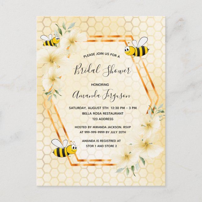 Bumble bee honeycomb cute bridal shower invitation postcard (Front)