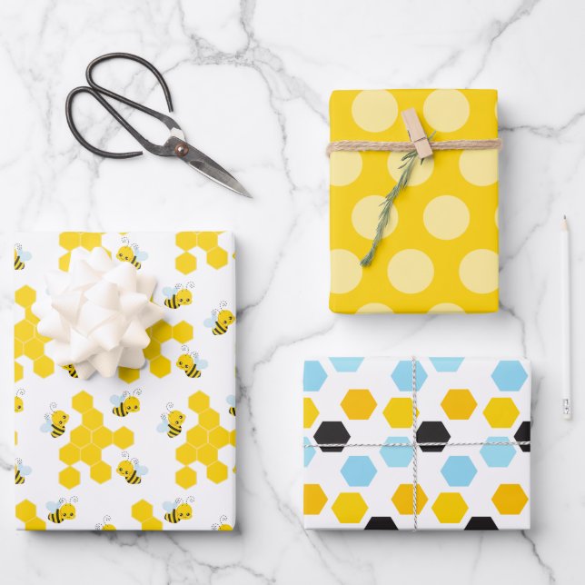 Bumble Bee Honeycomb, Dots and Stripes Patterns Wrapping Paper Sheet (Front)