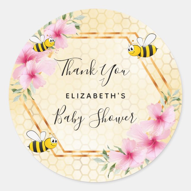 Bumble bee honeycomb pink florals baby shower classic round sticker (Front)
