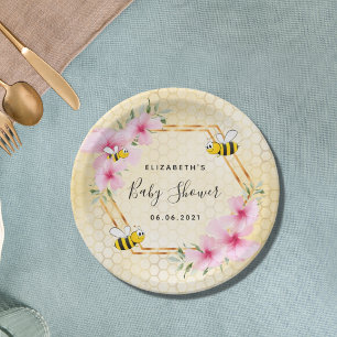 Bumble bee honeycomb pink florals baby shower paper plate
