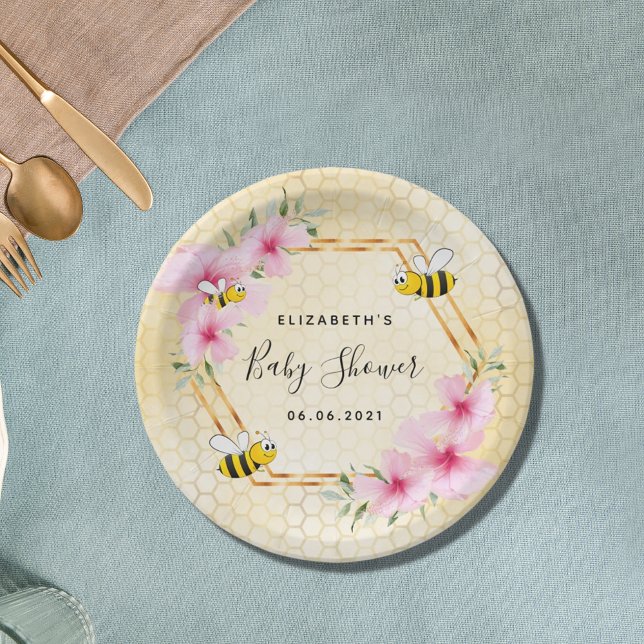 Bumble bee honeycomb pink florals baby shower paper plate (Creator Uploaded)