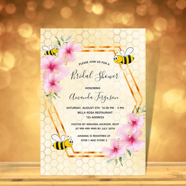 Bumble bee honeycomb pink florals bridal shower invitation (Creator Uploaded)
