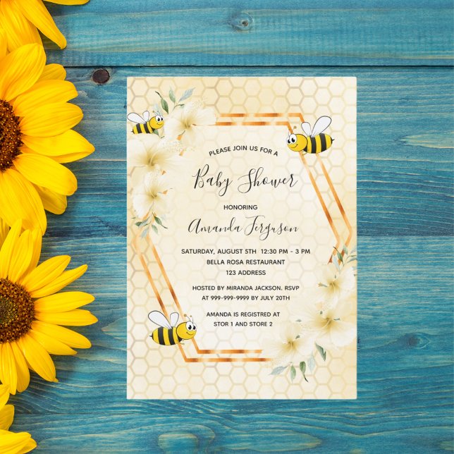 Bumble bee honeycomb tropical florals baby shower invitation (Creator Uploaded)