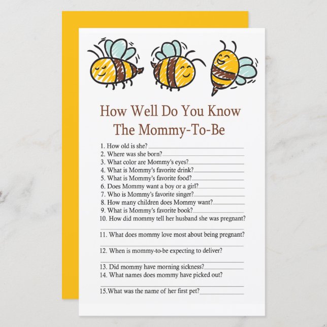 Bumble Bee How well do you know baby shower game (Front/Back)