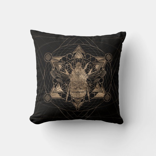 Bumble Bee in Sacred Geometry - Black and Gold Cushion (Front)