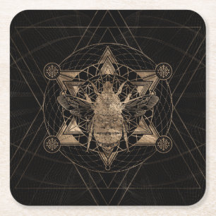 Bumble Bee in Sacred Geometry - Black and Gold Square Paper Coaster
