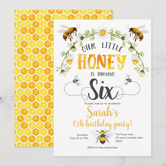 Bumble bee, Little honey, Bee, 6th birthday Invitation (Front/Back)