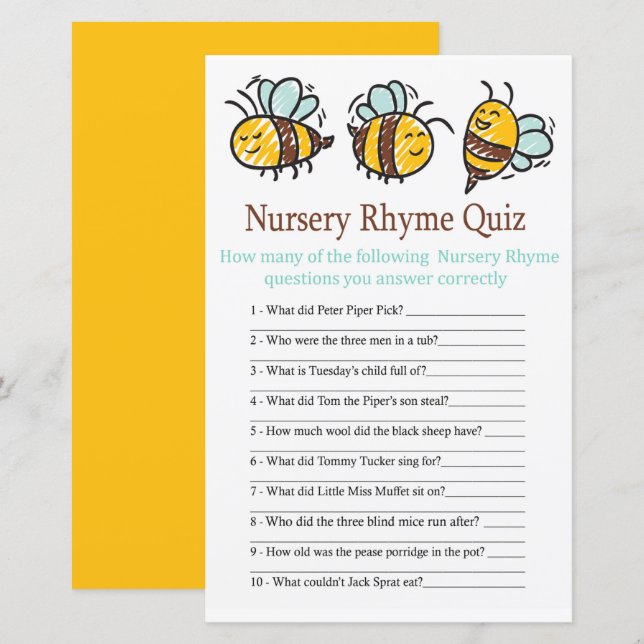 Bumble Bee Nursery Rhyme Quiz baby shower game (Front/Back)