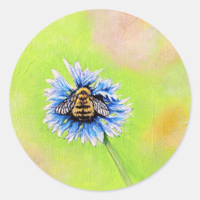 Bumble Bee on a Flower Painting Classic Round Sticker (Front)