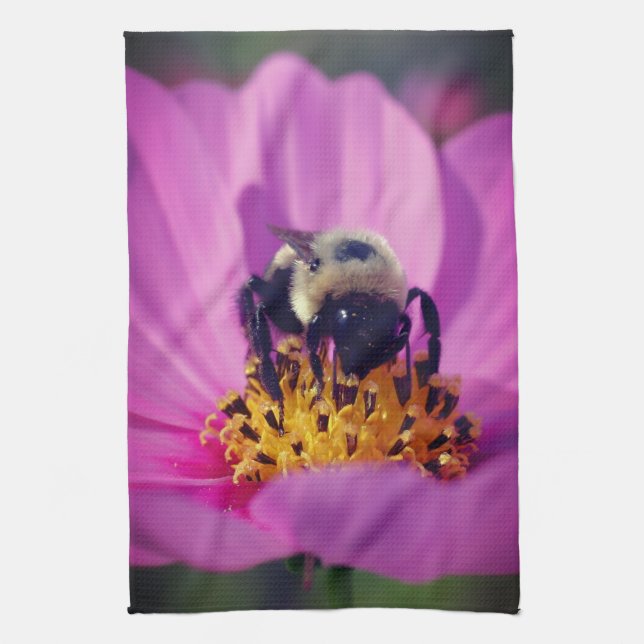 Bumble Bee On Cosmos Flower  Tea Towel (Vertical)