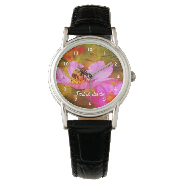 Bumble Bee On Pink Cosmos Abstract Personalised Watch (Front)