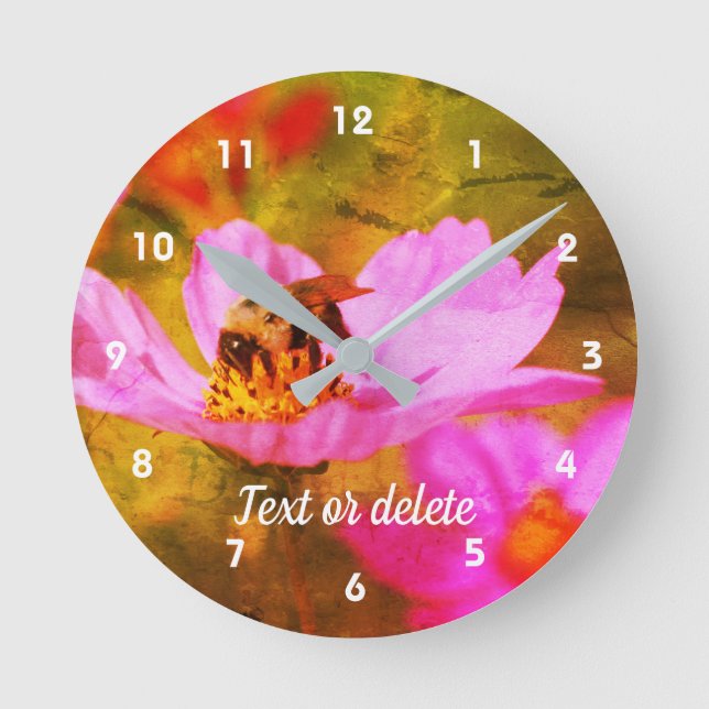 Bumble Bee On Pink Cosmos Abstract Personalized  Round Clock (Front)
