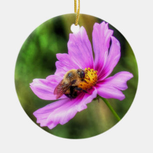 Bumble Bee on Pink Cosmos Ceramic Ornament