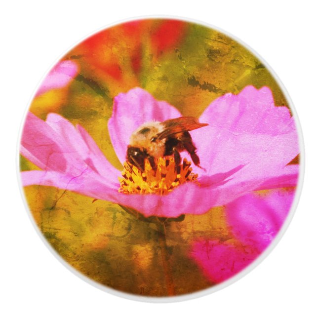 Bumble Bee On Pink Cosmos Flower Abstract  Ceramic Knob (Front)