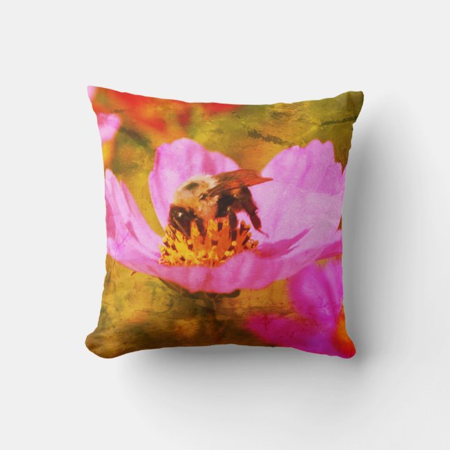 Bumble Bee On Pink Cosmos Flower Abstract  Cushion (Front)