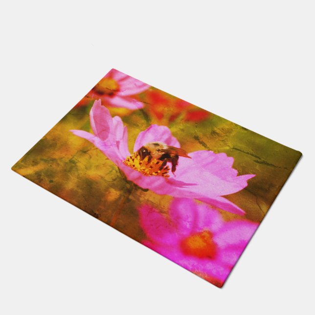 Bumble Bee On Pink Cosmos Flower Abstract   Doormat (Angled)
