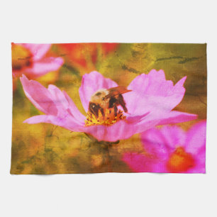 Bumble Bee On Pink Cosmos Flower Abstract Tea Towel